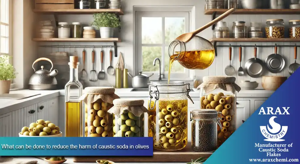 What can be done to reduce the harm of caustic soda in olives